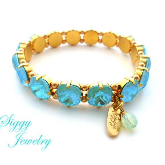 Sun Kissed Aqua Stretch Bracelet, Made with 10mm Crystals, Gold or Rhodium - Picture 1 of 5